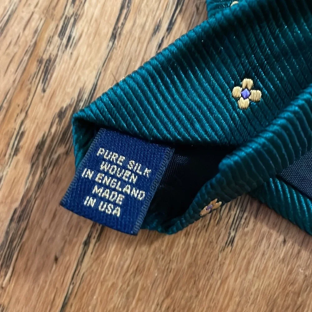 Brooks Brothers Teal Silk Tie with Small Yellow & White Flower Motif